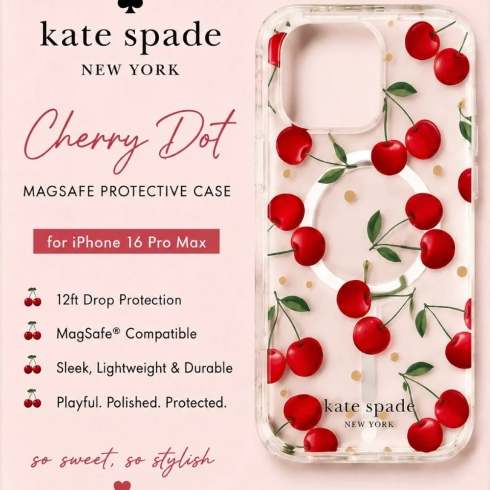 Kate Spade iPhone 16 Pro Max Protective Case - Red Cherry Print w/ Glitter ✨